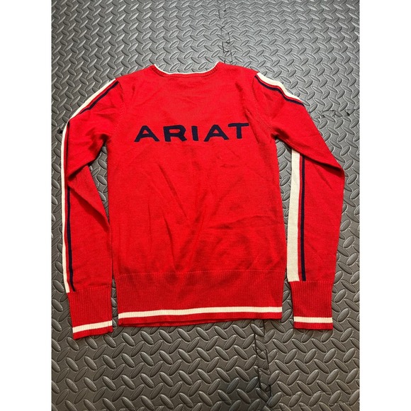 Ariat Ultimo Logo Sweater Merino Wool Red Equestrian V neck Pullover Small - Picture 6 of 8